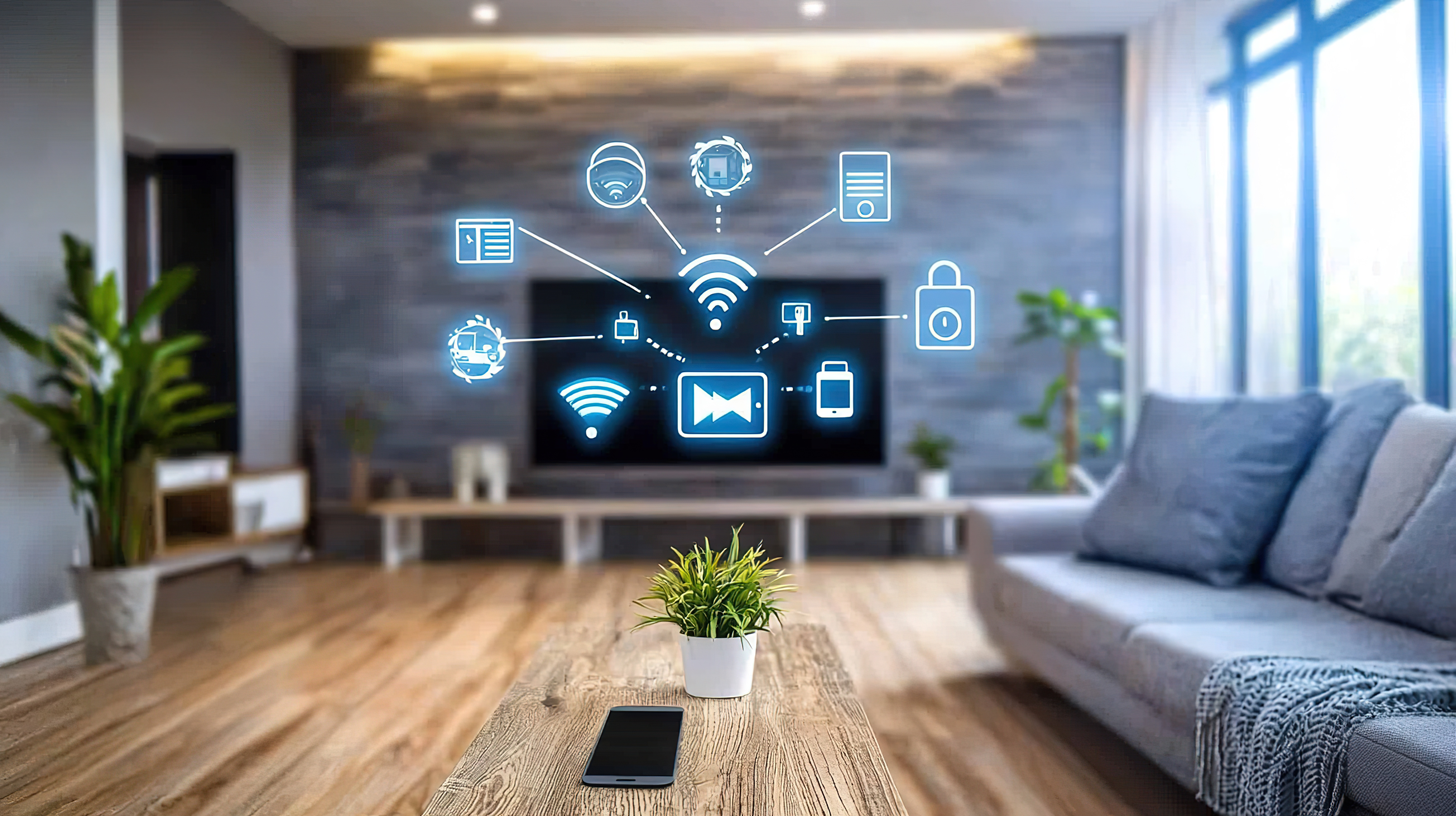 Modern South African smart home living room with connected devices and IoT icons displayed on wall-mounted screen