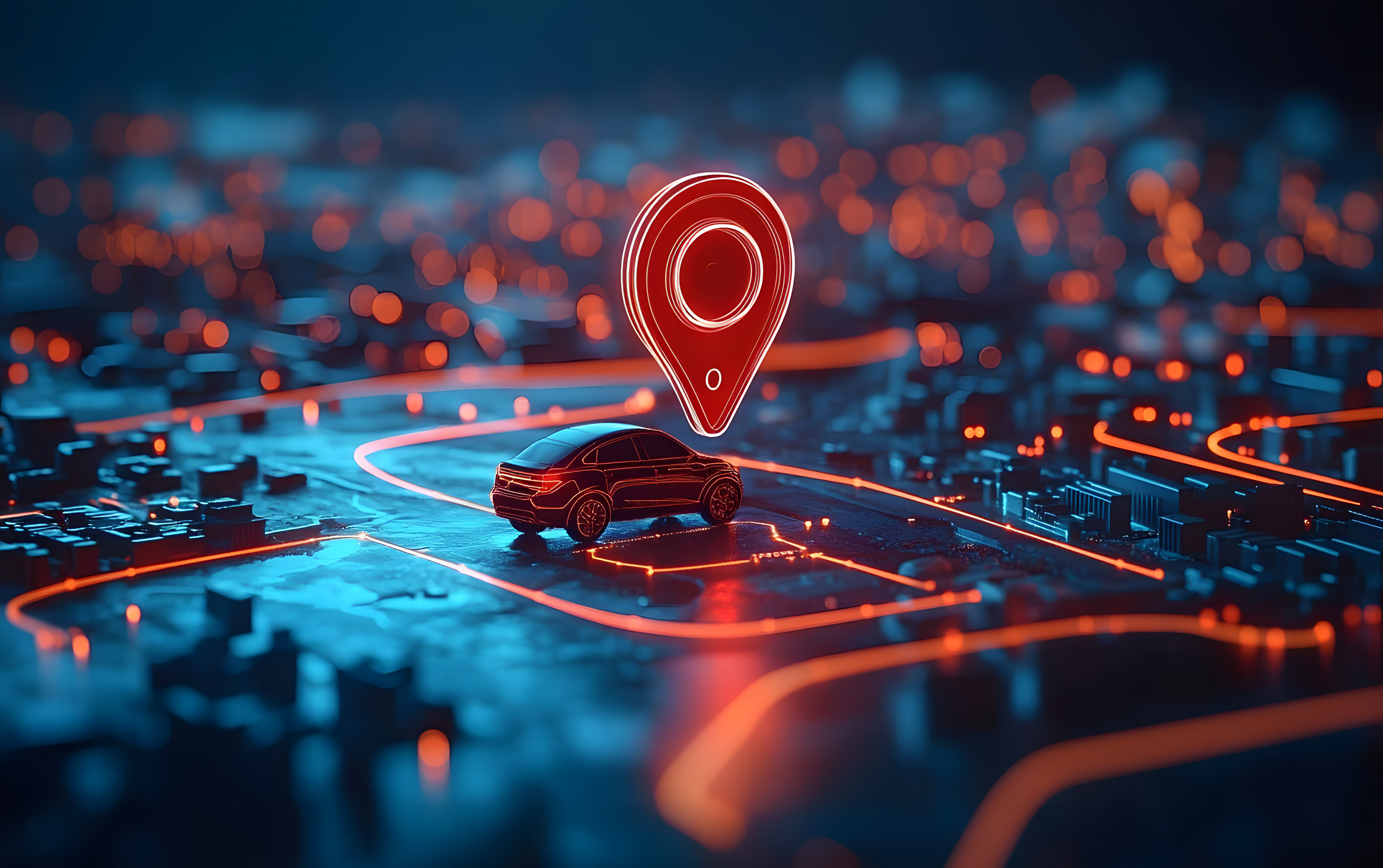 Digital Fleet Tracking system with GPS location pin and connected vehicle routes on illuminated city map
