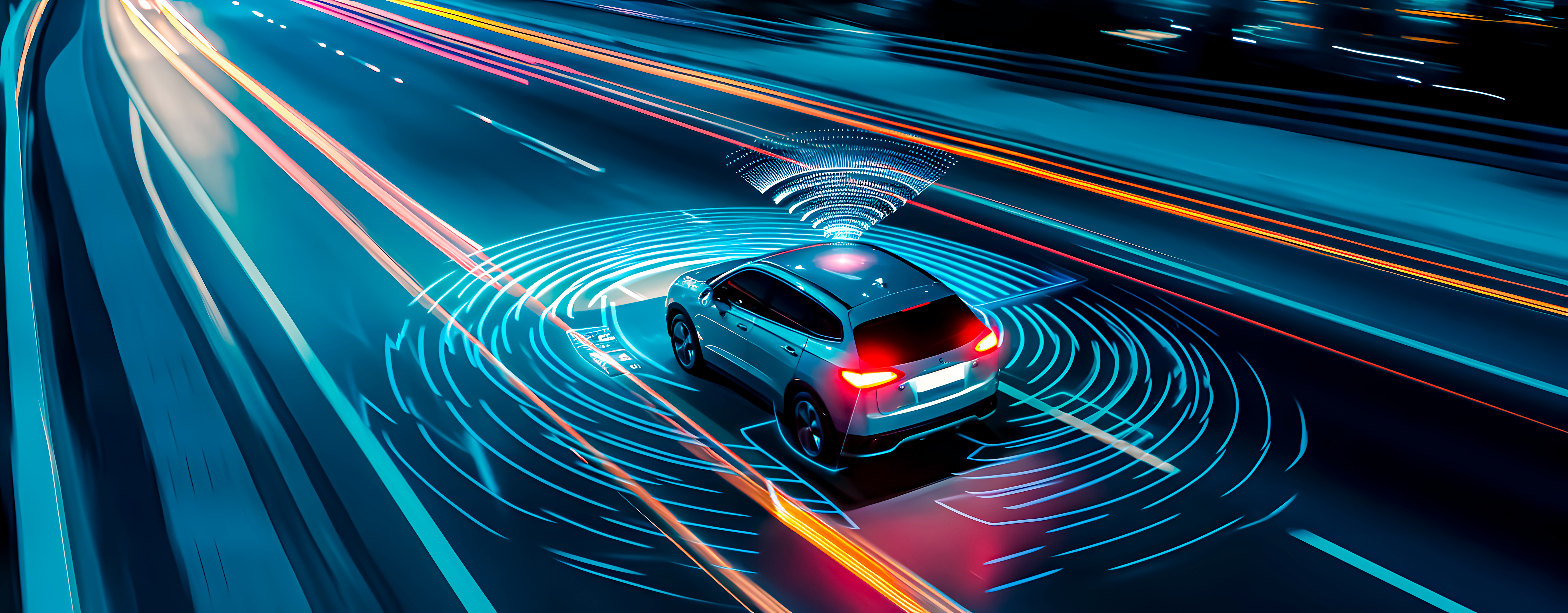 Self-driving car with sensor visualization on South African highway, showing AI detection capabilities with colorful light trails