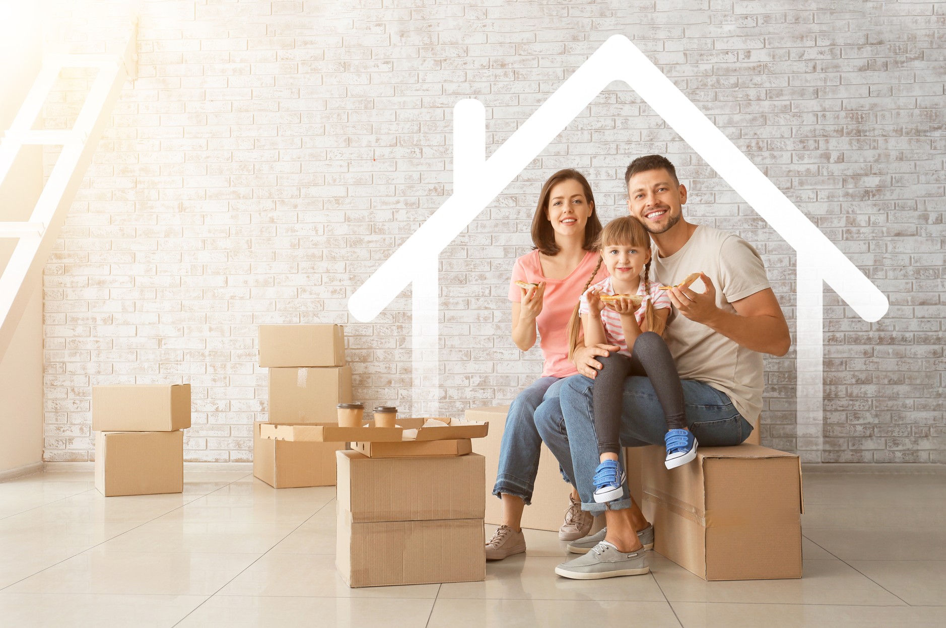 Happy South African family surrounded by moving boxes under a house outline, representing affordable home insurance cover