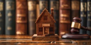 miniature wooden house and gavel on law books, symbolizing home insurance